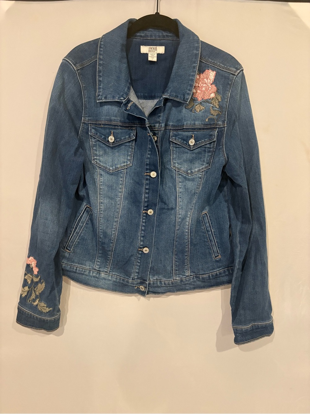 Vintage America Denim Jacket with Pink Rose Embroidery